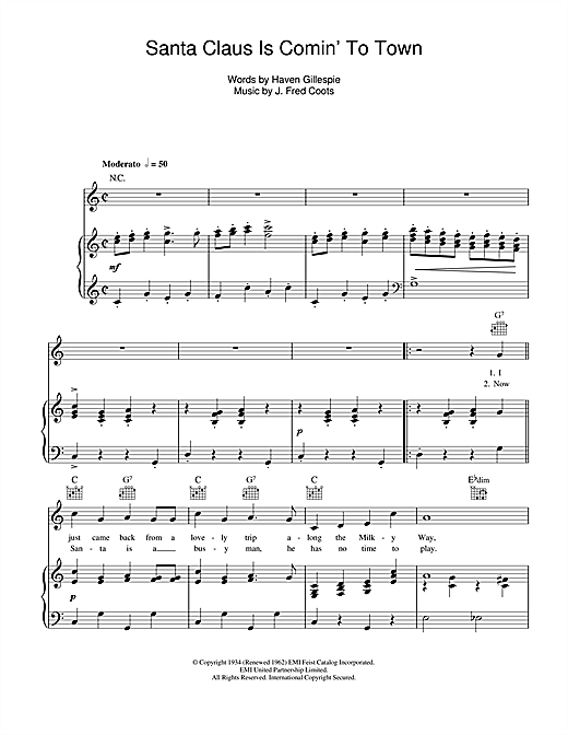Preview The Andrews Sisters Santa Claus Is Comin' To Town Christmas sheet music, notes and chords for Piano, Vocal & Guitar (Right-Hand Melody), SKU: 114864 sheet music, piano notes, chords, guitar tabs, score, transpose, transcribe, how to play, guide, download, learn, tutorial, progression, song, artist, awards, billboard, mtv, vh1, tour, single, album, release