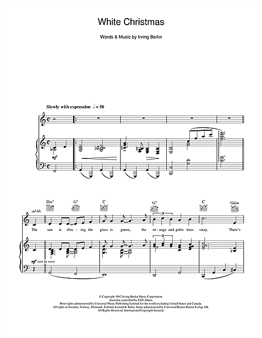 Preview Irving Berlin White Christmas Christmas sheet music, notes and chords for Piano, Vocal & Guitar (Right-Hand Melody), SKU: 114894 sheet music, piano notes, chords, guitar tabs, score, transpose, transcribe, how to play, guide, download, learn, tutorial, progression, song, artist, awards, billboard, mtv, vh1, tour, single, album, release