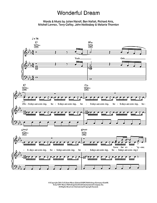 Preview Melanie Thornton Wonderful Dream (Holidays Are Coming) Christmas sheet music, notes and chords for Piano, Vocal & Guitar (Right-Hand Melody), SKU: 115411 sheet music, piano notes, chords, guitar tabs, score, transpose, transcribe, how to play, guide, download, learn, tutorial, progression, song, artist, awards, billboard, mtv, vh1, tour, single, album, release
