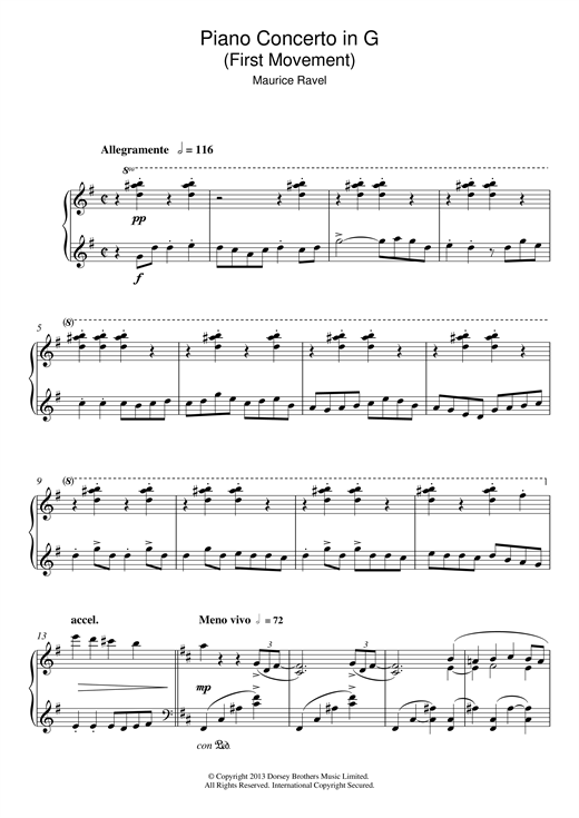 Preview Maurice Ravel Piano Concerto In G, 1st Movement ‘Allegramente' Classical sheet music, notes and chords for Piano, SKU: 117258 sheet music, piano notes, chords, guitar tabs, score, transpose, transcribe, how to play, guide, download, learn, tutorial, progression, song, artist, awards, billboard, mtv, vh1, tour, single, album, release
