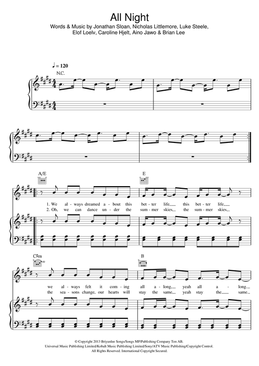 Preview Icona Pop All Night Pop sheet music, notes and chords for Piano, Vocal & Guitar (Right-Hand Melody), SKU: 117294 sheet music, piano notes, chords, guitar tabs, score, transpose, transcribe, how to play, guide, download, learn, tutorial, progression, song, artist, awards, billboard, mtv, vh1, tour, single, album, release