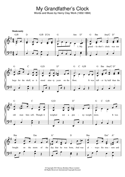 Preview Henry Clay Work My Grandfather's Clock Children sheet music, notes and chords for Piano, SKU: 117355 sheet music, piano notes, chords, guitar tabs, score, transpose, transcribe, how to play, guide, download, learn, tutorial, progression, song, artist, awards, billboard, mtv, vh1, tour, single, album, release