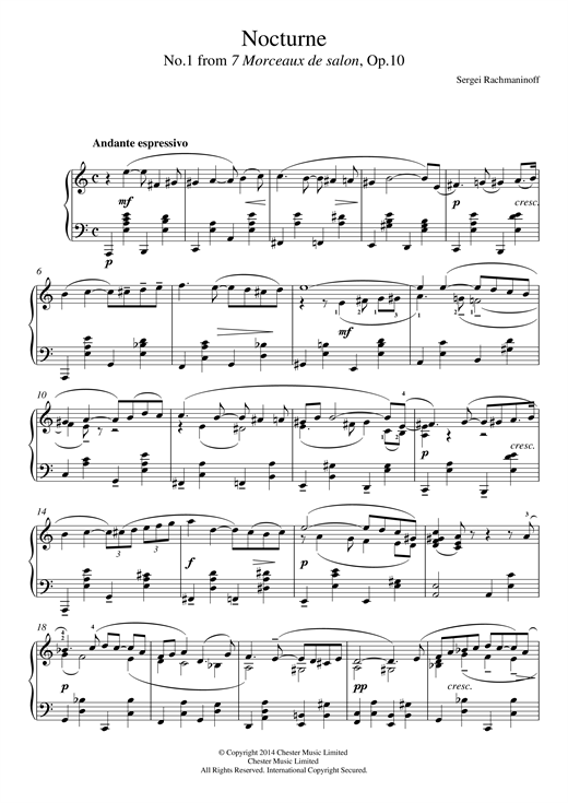 Preview Sergei Rachmaninoff Nocturne (No.1 from 7 Morceaux de salon, Op.10) Classical sheet music, notes and chords for Piano, SKU: 117646 sheet music, piano notes, chords, guitar tabs, score, transpose, transcribe, how to play, guide, download, learn, tutorial, progression, song, artist, awards, billboard, mtv, vh1, tour, single, album, release