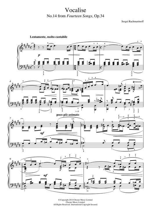 Preview Sergei Rachmaninoff Vocalise (No.14 from Fourteen Songs, Op.34) Classical sheet music, notes and chords for Piano, SKU: 117655 sheet music, piano notes, chords, guitar tabs, score, transpose, transcribe, how to play, guide, download, learn, tutorial, progression, song, artist, awards, billboard, mtv, vh1, tour, single, album, release