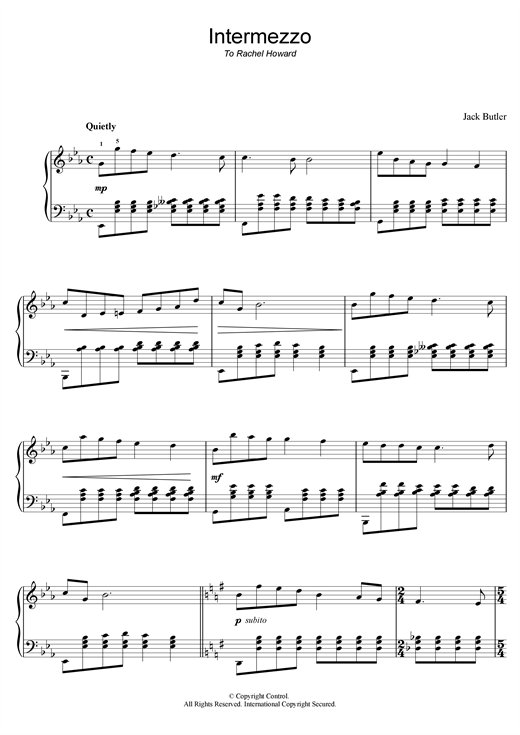 Preview Jack Butler Intermezzo Classical sheet music, notes and chords for Piano, SKU: 117724 sheet music, piano notes, chords, guitar tabs, score, transpose, transcribe, how to play, guide, download, learn, tutorial, progression, song, artist, awards, billboard, mtv, vh1, tour, single, album, release