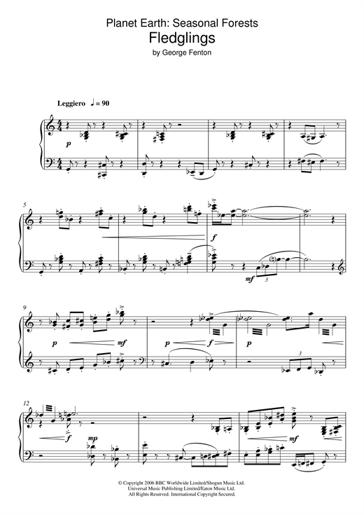 Preview George Fenton Planet Earth: Fledglings Film and TV sheet music, notes and chords for Piano, SKU: 117922 sheet music, piano notes, chords, guitar tabs, score, transpose, transcribe, how to play, guide, download, learn, tutorial, progression, song, artist, awards, billboard, mtv, vh1, tour, single, album, release
