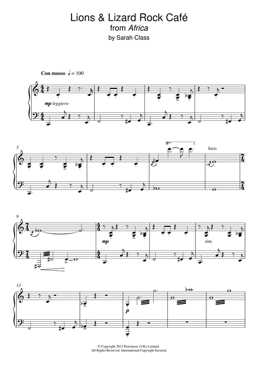 Preview Sarah Class Lions & Lizards Rock Café (from 'Africa') Film and TV sheet music, notes and chords for Piano, SKU: 119181 sheet music, piano notes, chords, guitar tabs, score, transpose, transcribe, how to play, guide, download, learn, tutorial, progression, song, artist, awards, billboard, mtv, vh1, tour, single, album, release