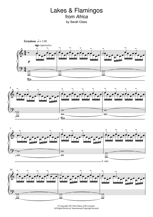 Preview Sarah Class Lakes & Flamingos (from 'Africa') Film and TV sheet music, notes and chords for Piano, SKU: 119182 sheet music, piano notes, chords, guitar tabs, score, transpose, transcribe, how to play, guide, download, learn, tutorial, progression, song, artist, awards, billboard, mtv, vh1, tour, single, album, release