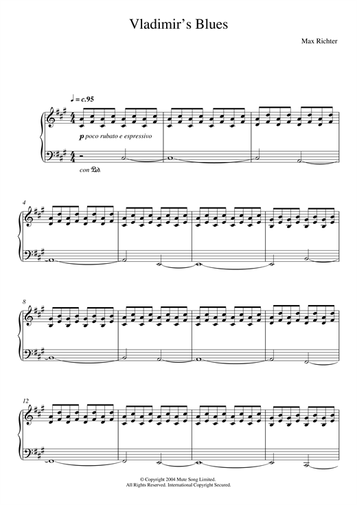 Preview Max Richter Vladimir's Blues Classical sheet music, notes and chords for Piano, SKU: 119377 sheet music, piano notes, chords, guitar tabs, score, transpose, transcribe, how to play, guide, download, learn, tutorial, progression, song, artist, awards, billboard, mtv, vh1, tour, single, album, release