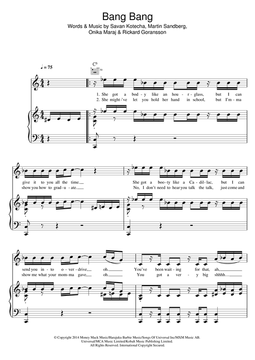 Preview Jessie J, Ariana Grande & Nicki Minaj Bang Bang Pop sheet music, notes and chords for Piano, Vocal & Guitar (Right-Hand Melody), SKU: 119408 sheet music, piano notes, chords, guitar tabs, score, transpose, transcribe, how to play, guide, download, learn, tutorial, progression, song, artist, awards, billboard, mtv, vh1, tour, single, album, release