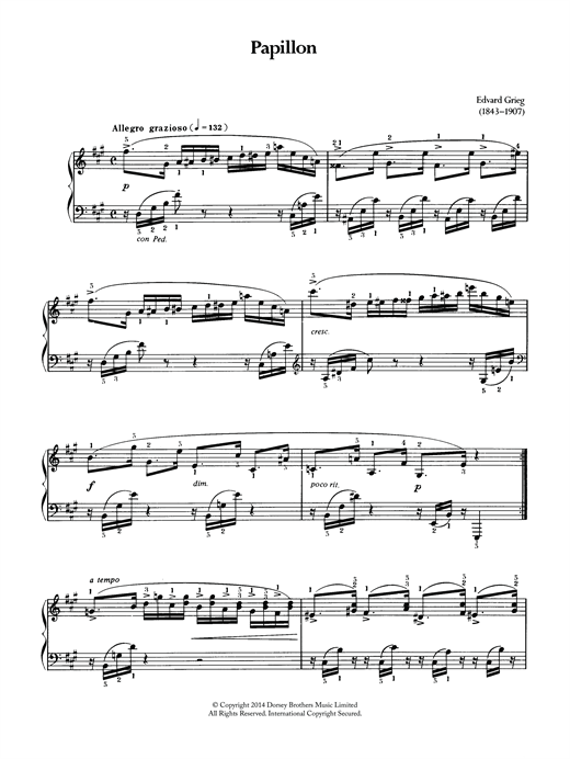 Preview Edvard Grieg Papillon Classical sheet music, notes and chords for Piano, SKU: 119458 sheet music, piano notes, chords, guitar tabs, score, transpose, transcribe, how to play, guide, download, learn, tutorial, progression, song, artist, awards, billboard, mtv, vh1, tour, single, album, release