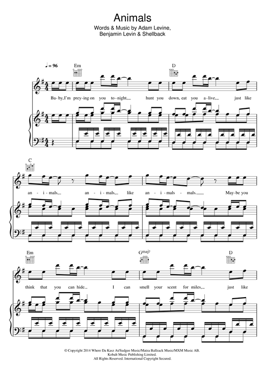 Preview Maroon 5 Animals Pop sheet music, notes and chords for Piano, Vocal & Guitar (Right-Hand Melody), SKU: 119676 sheet music, piano notes, chords, guitar tabs, score, transpose, transcribe, how to play, guide, download, learn, tutorial, progression, song, artist, awards, billboard, mtv, vh1, tour, single, album, release
