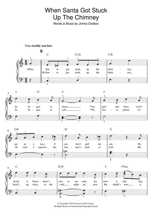 Preview Jimmy Grafton When Santa Got Stuck Up The Chimney Christmas sheet music, notes and chords for Beginner Piano, SKU: 119720 sheet music, piano notes, chords, guitar tabs, score, transpose, transcribe, how to play, guide, download, learn, tutorial, progression, song, artist, awards, billboard, mtv, vh1, tour, single, album, release