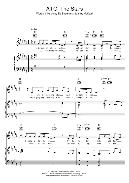 Preview Ed Sheeran All Of The Stars Pop sheet music, notes and chords for Piano, Vocal & Guitar, SKU: 120069 sheet music, piano notes, chords, guitar tabs, score, transpose, transcribe, how to play, guide, download, learn, tutorial, progression, song, artist, awards, billboard, mtv, vh1, tour, single, album, release
