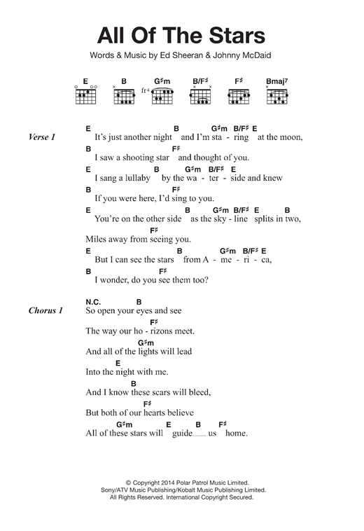 Preview Ed Sheeran All Of The Stars Pop sheet music, notes and chords for Lyrics & Chords, SKU: 120143 sheet music, piano notes, chords, guitar tabs, score, transpose, transcribe, how to play, guide, download, learn, tutorial, progression, song, artist, awards, billboard, mtv, vh1, tour, single, album, release