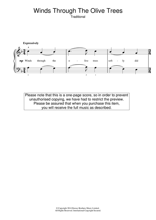 Preview Traditional Winds Through The Olive Trees Christmas sheet music, notes and chords for Beginner Piano, SKU: 120191 sheet music, piano notes, chords, guitar tabs, score, transpose, transcribe, how to play, guide, download, learn, tutorial, progression, song, artist, awards, billboard, mtv, vh1, tour, single, album, release