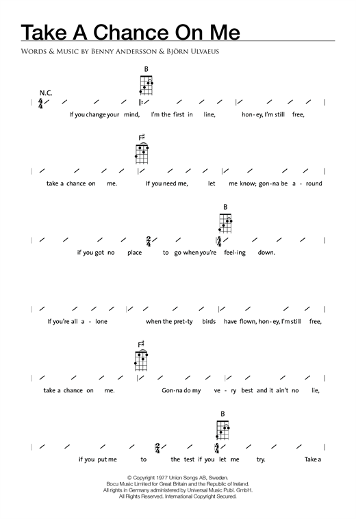 Preview ABBA Take A Chance On Me Disco sheet music, notes and chords for Ukulele with strumming patterns, SKU: 120665 sheet music, piano notes, chords, guitar tabs, score, transpose, transcribe, how to play, guide, download, learn, tutorial, progression, song, artist, awards, billboard, mtv, vh1, tour, single, album, release