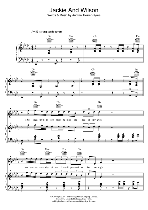 Preview Hozier Jackie And Wilson Indie sheet music, notes and chords for Piano, Vocal & Guitar (Right-Hand Melody), SKU: 120749 sheet music, piano notes, chords, guitar tabs, score, transpose, transcribe, how to play, guide, download, learn, tutorial, progression, song, artist, awards, billboard, mtv, vh1, tour, single, album, release