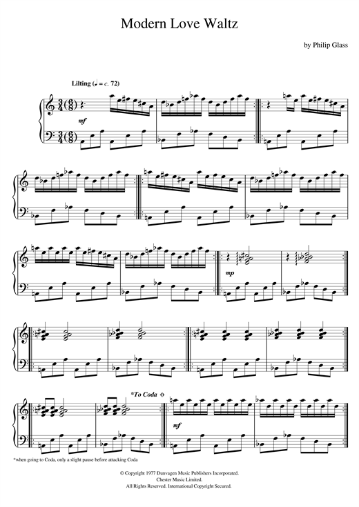 Preview Philip Glass Modern Love Waltz Classical sheet music, notes and chords for Piano, SKU: 120756 sheet music, piano notes, chords, guitar tabs, score, transpose, transcribe, how to play, guide, download, learn, tutorial, progression, song, artist, awards, billboard, mtv, vh1, tour, single, album, release