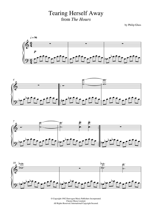 Preview Philip Glass Tearing Herself Away (from 'The Hours') Classical sheet music, notes and chords for Piano, SKU: 120760 sheet music, piano notes, chords, guitar tabs, score, transpose, transcribe, how to play, guide, download, learn, tutorial, progression, song, artist, awards, billboard, mtv, vh1, tour, single, album, release
