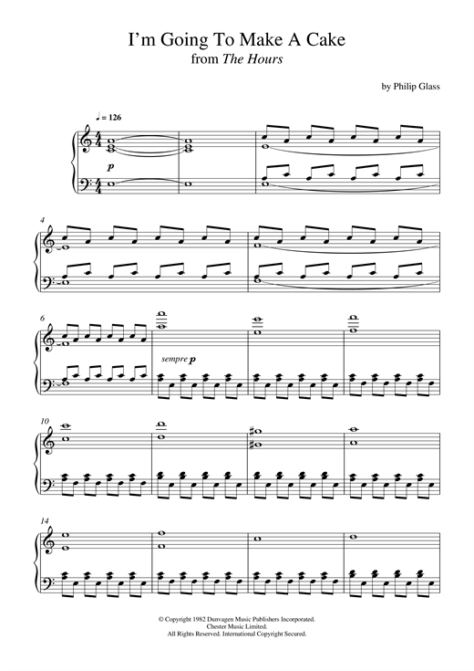 Preview Philip Glass I'm Going To Make A Cake (from 'The Hours') Classical sheet music, notes and chords for Piano, SKU: 120761 sheet music, piano notes, chords, guitar tabs, score, transpose, transcribe, how to play, guide, download, learn, tutorial, progression, song, artist, awards, billboard, mtv, vh1, tour, single, album, release