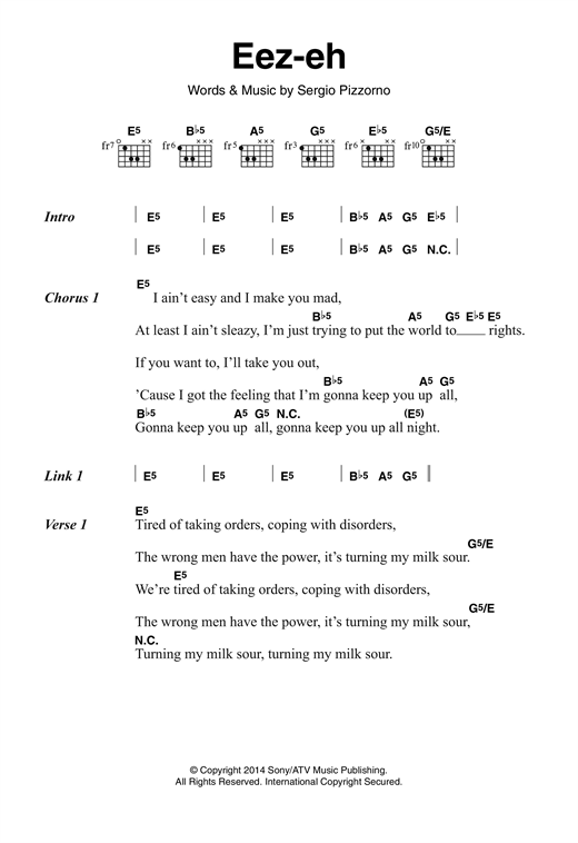 Preview Kasabian Eez-Eh Rock sheet music, notes and chords for Lyrics & Chords, SKU: 120912 sheet music, piano notes, chords, guitar tabs, score, transpose, transcribe, how to play, guide, download, learn, tutorial, progression, song, artist, awards, billboard, mtv, vh1, tour, single, album, release