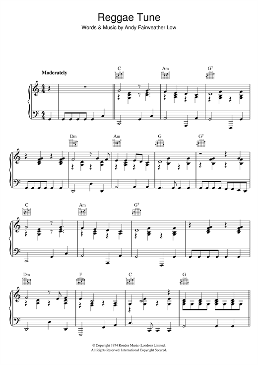 Preview Andy Fairweather Low Reggae Tune Pop sheet music, notes and chords for Piano, Vocal & Guitar (Right-Hand Melody), SKU: 121025 sheet music, piano notes, chords, guitar tabs, score, transpose, transcribe, how to play, guide, download, learn, tutorial, progression, song, artist, awards, billboard, mtv, vh1, tour, single, album, release