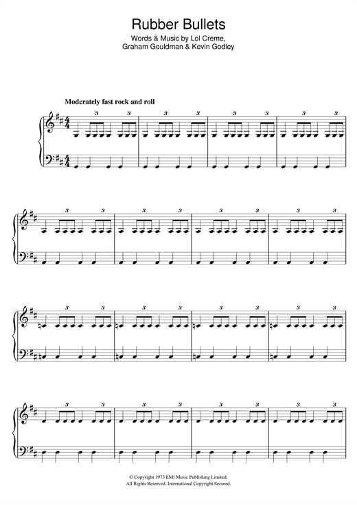 Preview 10cc Rubber Bullets Rock sheet music, notes and chords for Piano, Vocal & Guitar (Right-Hand Melody), SKU: 121026 sheet music, piano notes, chords, guitar tabs, score, transpose, transcribe, how to play, guide, download, learn, tutorial, progression, song, artist, awards, billboard, mtv, vh1, tour, single, album, release