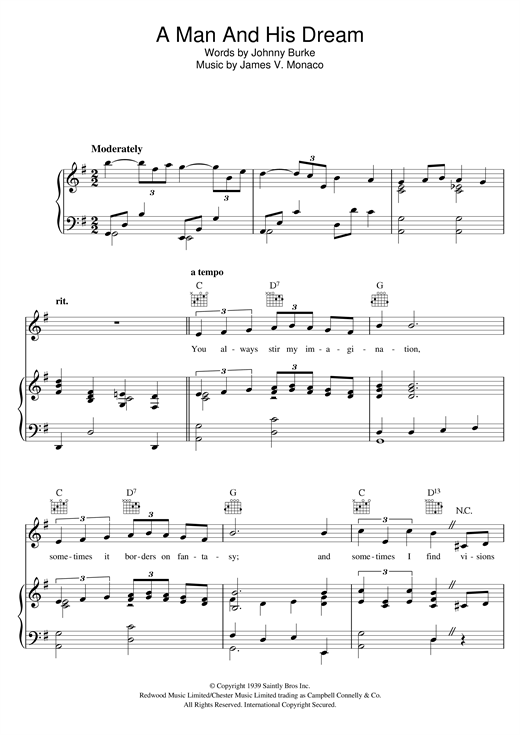 Preview Bing Crosby A Man And His Dream Easy Listening sheet music, notes and chords for Piano, Vocal & Guitar (Right-Hand Melody), SKU: 121135 sheet music, piano notes, chords, guitar tabs, score, transpose, transcribe, how to play, guide, download, learn, tutorial, progression, song, artist, awards, billboard, mtv, vh1, tour, single, album, release