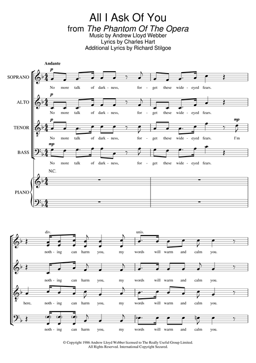 Preview Andrew Lloyd Webber All I Ask Of You (from The Phantom Of The Opera) (arr. Barrie Carson Turner) Musicals sheet music, notes and chords for SATB, SKU: 121347 sheet music, piano notes, chords, guitar tabs, score, transpose, transcribe, how to play, guide, download, learn, tutorial, progression, song, artist, awards, billboard, mtv, vh1, tour, single, album, release