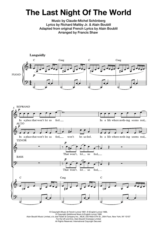 Preview Boublil and Schonberg The Last Night Of The World (from Miss Saigon) (arr. Francis Shaw) Classical sheet music, notes and chords for SATB, SKU: 121360 sheet music, piano notes, chords, guitar tabs, score, transpose, transcribe, how to play, guide, download, learn, tutorial, progression, song, artist, awards, billboard, mtv, vh1, tour, single, album, release