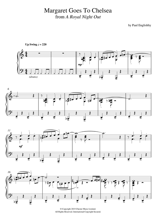 Preview Paul Englishby Margaret Goes To Chelsea (From 'A Royal Night Out') Film and TV sheet music, notes and chords for Piano, SKU: 121435 sheet music, piano notes, chords, guitar tabs, score, transpose, transcribe, how to play, guide, download, learn, tutorial, progression, song, artist, awards, billboard, mtv, vh1, tour, single, album, release