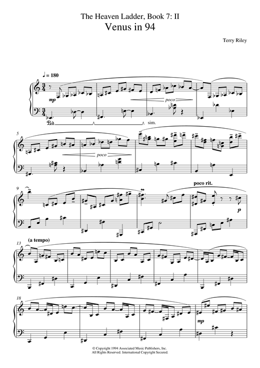 Preview Terry Riley Venus In 94 (No.2 From The Heaven Ladder Book 7) Post-1900 sheet music, notes and chords for Piano, SKU: 121507 sheet music, piano notes, chords, guitar tabs, score, transpose, transcribe, how to play, guide, download, learn, tutorial, progression, song, artist, awards, billboard, mtv, vh1, tour, single, album, release