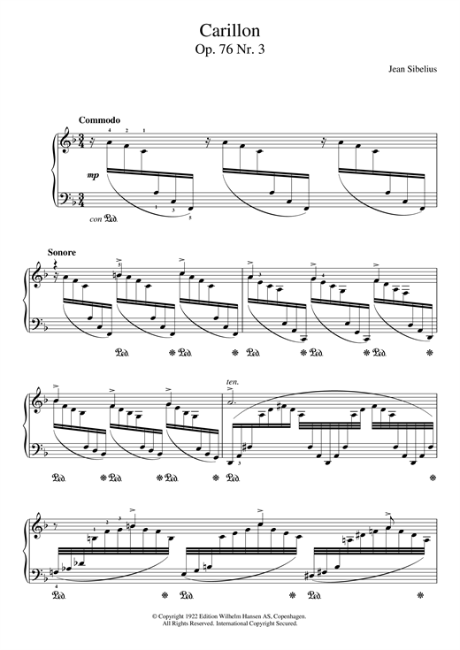 Preview Jean Sibelius 13 Morceaux, Op.76 - III. Carillon Classical sheet music, notes and chords for Piano, SKU: 121539 sheet music, piano notes, chords, guitar tabs, score, transpose, transcribe, how to play, guide, download, learn, tutorial, progression, song, artist, awards, billboard, mtv, vh1, tour, single, album, release
