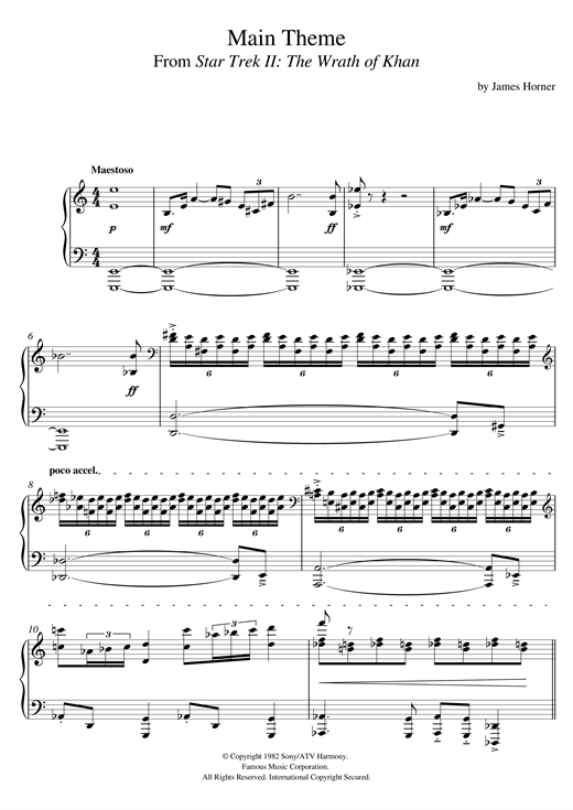 Preview James Horner Star Trek II: The Wrath Of Khan Film and TV sheet music, notes and chords for Piano, SKU: 121604 sheet music, piano notes, chords, guitar tabs, score, transpose, transcribe, how to play, guide, download, learn, tutorial, progression, song, artist, awards, billboard, mtv, vh1, tour, single, album, release