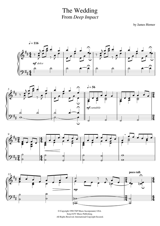 Preview James Horner The Wedding (From 'Deep Impact') Film and TV sheet music, notes and chords for Piano, SKU: 121607 sheet music, piano notes, chords, guitar tabs, score, transpose, transcribe, how to play, guide, download, learn, tutorial, progression, song, artist, awards, billboard, mtv, vh1, tour, single, album, release