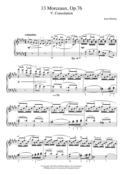 Preview Jean Sibelius 13 Morceaux, Op.76 - V. Consolation Classical sheet music, notes and chords for Piano, SKU: 121679 sheet music, piano notes, chords, guitar tabs, score, transpose, transcribe, how to play, guide, download, learn, tutorial, progression, song, artist, awards, billboard, mtv, vh1, tour, single, album, release