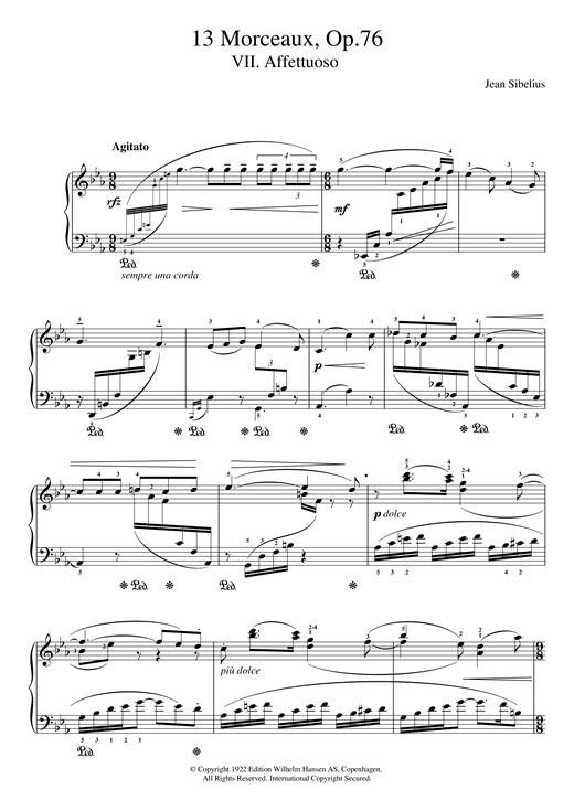 Preview Jean Sibelius 13 Morceaux, Op.76 - VII. Affettuoso Classical sheet music, notes and chords for Piano, SKU: 121680 sheet music, piano notes, chords, guitar tabs, score, transpose, transcribe, how to play, guide, download, learn, tutorial, progression, song, artist, awards, billboard, mtv, vh1, tour, single, album, release