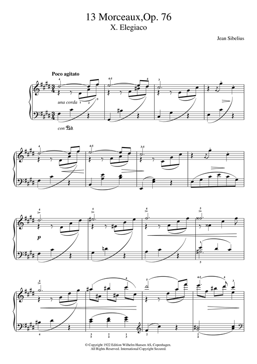 Preview Jean Sibelius 13 Morceaux, Op.76 - X. Elegiaco Classical sheet music, notes and chords for Piano, SKU: 121687 sheet music, piano notes, chords, guitar tabs, score, transpose, transcribe, how to play, guide, download, learn, tutorial, progression, song, artist, awards, billboard, mtv, vh1, tour, single, album, release