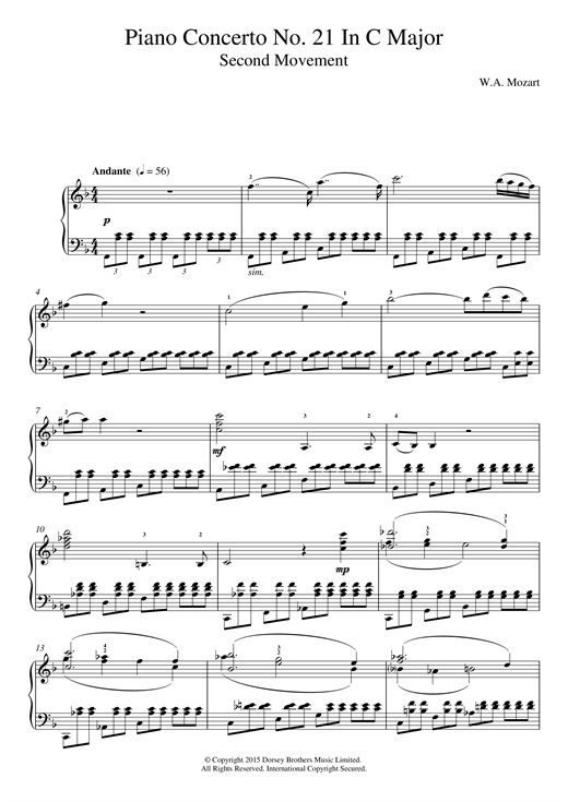 Preview Wolfgang Amadeus Mozart Piano Concerto No. 21 In C Major (Second Movement) Classical sheet music, notes and chords for Piano, SKU: 121697 sheet music, piano notes, chords, guitar tabs, score, transpose, transcribe, how to play, guide, download, learn, tutorial, progression, song, artist, awards, billboard, mtv, vh1, tour, single, album, release