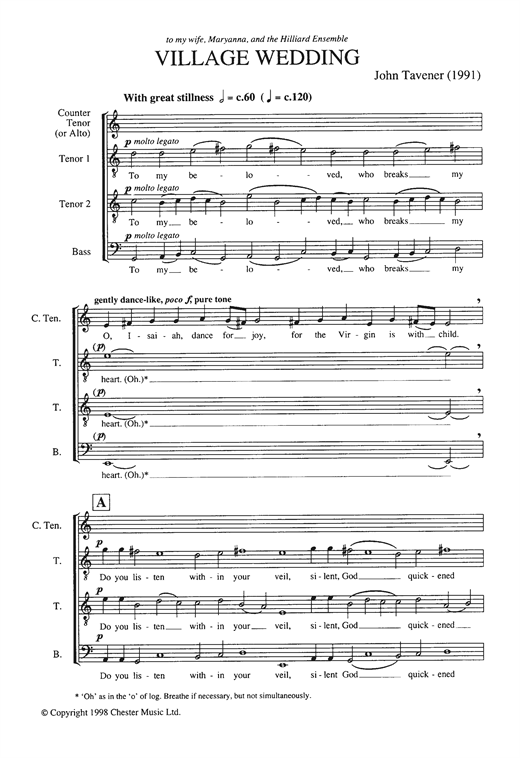 Preview John Tavener Village Wedding Classical sheet music, notes and chords for ATTB, SKU: 121971 sheet music, piano notes, chords, guitar tabs, score, transpose, transcribe, how to play, guide, download, learn, tutorial, progression, song, artist, awards, billboard, mtv, vh1, tour, single, album, release
