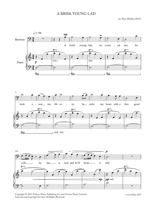 Preview Nico Muhly A Brisk Young Lad (from 'Four Traditional Songs') Classical sheet music, notes and chords for Baritone Horn, SKU: 122114 sheet music, piano notes, chords, guitar tabs, score, transpose, transcribe, how to play, guide, download, learn, tutorial, progression, song, artist, awards, billboard, mtv, vh1, tour, single, album, release