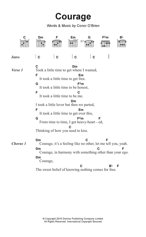 Preview Villagers Courage Indie sheet music, notes and chords for Lyrics & Chords, SKU: 122180 sheet music, piano notes, chords, guitar tabs, score, transpose, transcribe, how to play, guide, download, learn, tutorial, progression, song, artist, awards, billboard, mtv, vh1, tour, single, album, release
