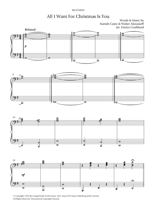 Preview Mariah Carey All I Want For Christmas Is You Christmas sheet music, notes and chords for Piano Duet, SKU: 122492 sheet music, piano notes, chords, guitar tabs, score, transpose, transcribe, how to play, guide, download, learn, tutorial, progression, song, artist, awards, billboard, mtv, vh1, tour, single, album, release