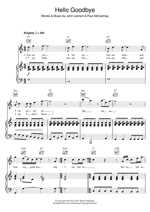 Preview The Beatles Hello, Goodbye Rock sheet music, notes and chords for Piano, Vocal & Guitar, SKU: 122883 sheet music, piano notes, chords, guitar tabs, score, transpose, transcribe, how to play, guide, download, learn, tutorial, progression, song, artist, awards, billboard, mtv, vh1, tour, single, album, release