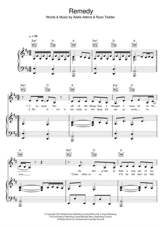Preview Adele Remedy Pop sheet music, notes and chords for Piano, Vocal & Guitar, SKU: 122952 sheet music, piano notes, chords, guitar tabs, score, transpose, transcribe, how to play, guide, download, learn, tutorial, progression, song, artist, awards, billboard, mtv, vh1, tour, single, album, release