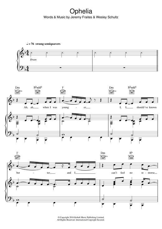 Preview The Lumineers Ophelia Pop sheet music, notes and chords for Piano, Vocal & Guitar (Right-Hand Melody), SKU: 123183 sheet music, piano notes, chords, guitar tabs, score, transpose, transcribe, how to play, guide, download, learn, tutorial, progression, song, artist, awards, billboard, mtv, vh1, tour, single, album, release