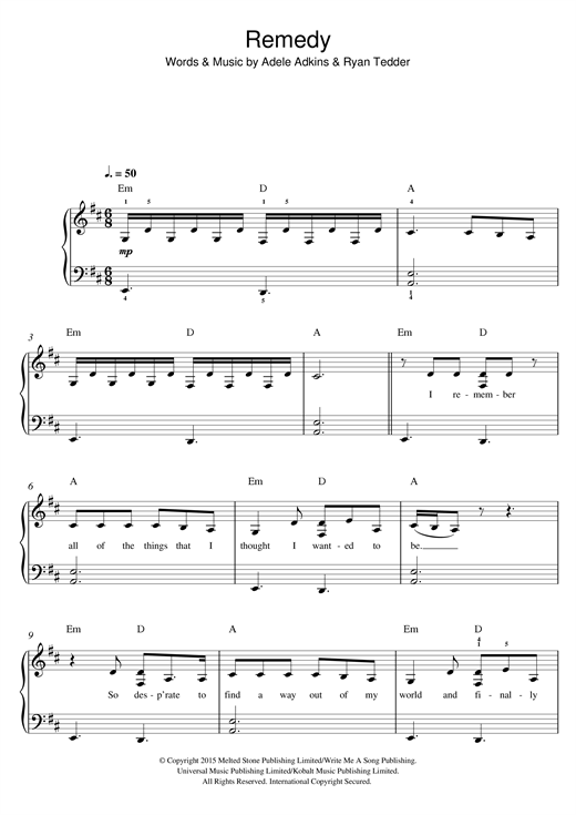 Preview Adele Remedy Pop sheet music, notes and chords for Beginner Piano, SKU: 123186 sheet music, piano notes, chords, guitar tabs, score, transpose, transcribe, how to play, guide, download, learn, tutorial, progression, song, artist, awards, billboard, mtv, vh1, tour, single, album, release