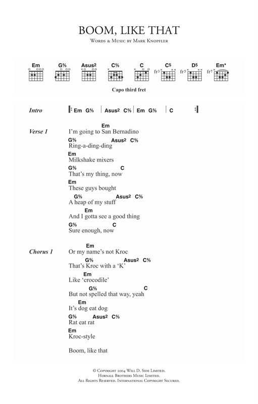 Preview Mark Knopfler Boom, Like That Rock sheet music, notes and chords for Lyrics & Chords, SKU: 123406 sheet music, piano notes, chords, guitar tabs, score, transpose, transcribe, how to play, guide, download, learn, tutorial, progression, song, artist, awards, billboard, mtv, vh1, tour, single, album, release