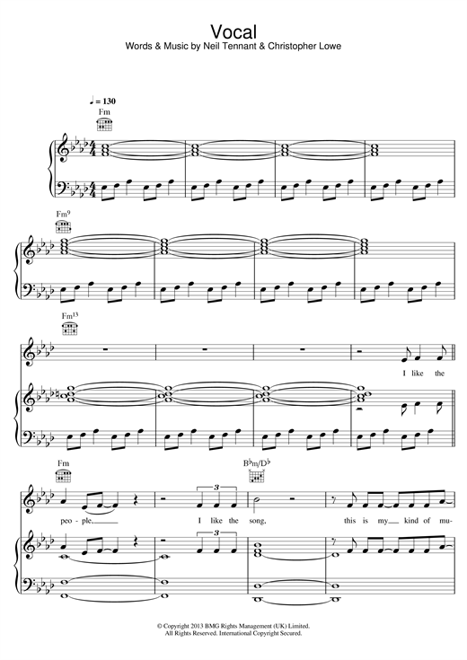 Preview Pet Shop Boys Vocal Pop sheet music, notes and chords for Piano, Vocal & Guitar (Right-Hand Melody), SKU: 123435 sheet music, piano notes, chords, guitar tabs, score, transpose, transcribe, how to play, guide, download, learn, tutorial, progression, song, artist, awards, billboard, mtv, vh1, tour, single, album, release